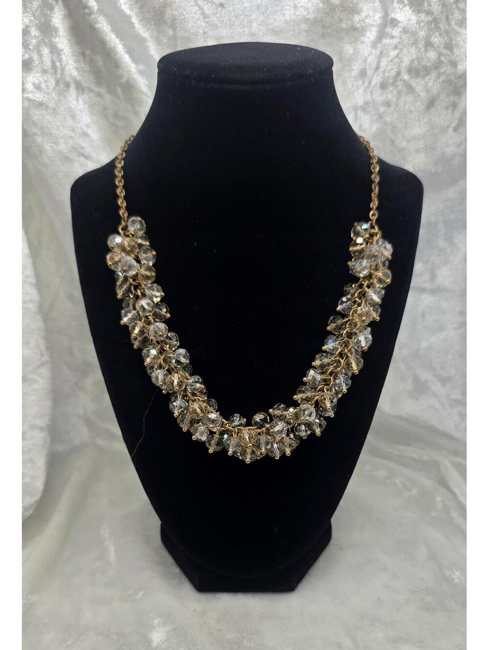 Gold Tone Crystal Cluster Statement Necklace Champagne Clear Bead Glam Bib